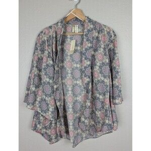 Japna Kimono Womens Medium Blue Pink Boho Floral Medallion Open Front Cotton